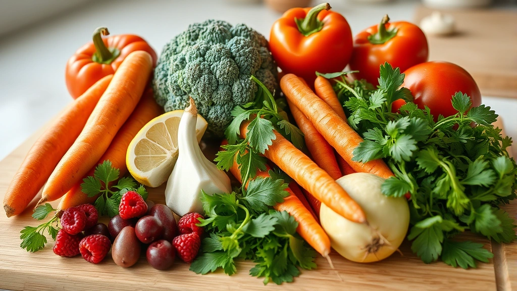 Fresh vegetables and fruits arranged on wooden cutting board including broccoli, carrots, fresh herbs, and berries in natural kitchen lighting