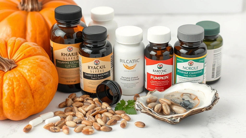 Close-up of various supplement bottles and capsules with copper-rich foods like pumpkin seeds and oysters arranged nearby