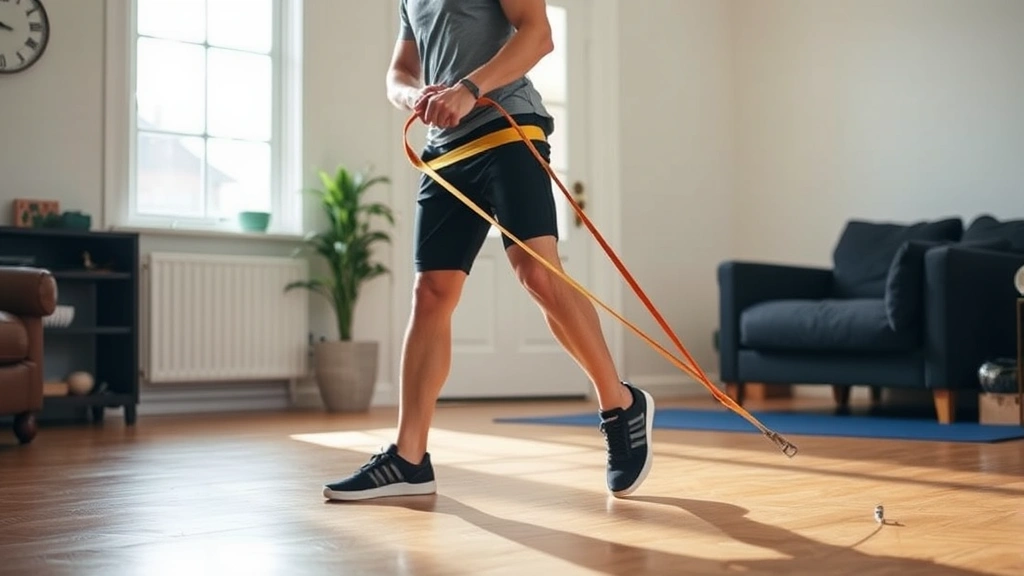 An active individual doing lateral band walks with a resistance loop around their legs, demonstrating proper form and hip stability work in a well-lit home exercise area