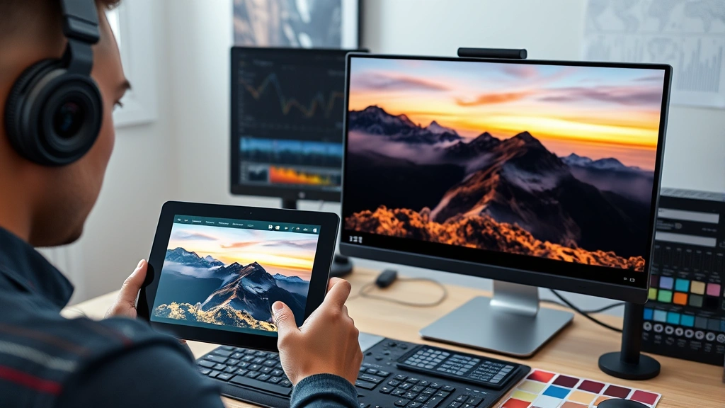 Photographer reviewing color-graded images on tablet and desktop monitor simultaneously, comparing color consistency across multiple displays, professional workspace with color reference cards