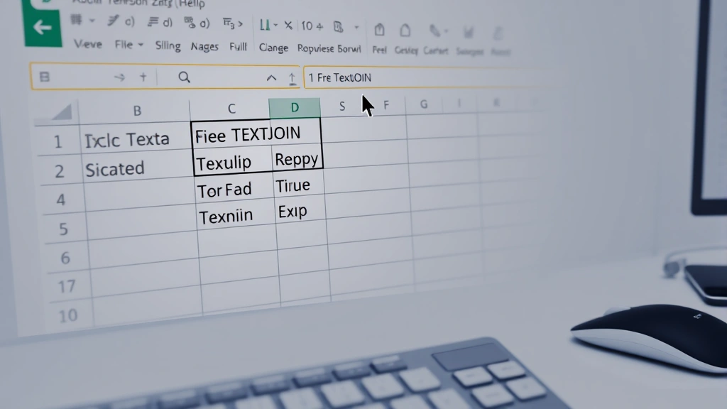 Excel interface highlighting the formula bar with TEXTJOIN function visible, cursor hovering over cells being combined, clean desk with keyboard and mouse visible