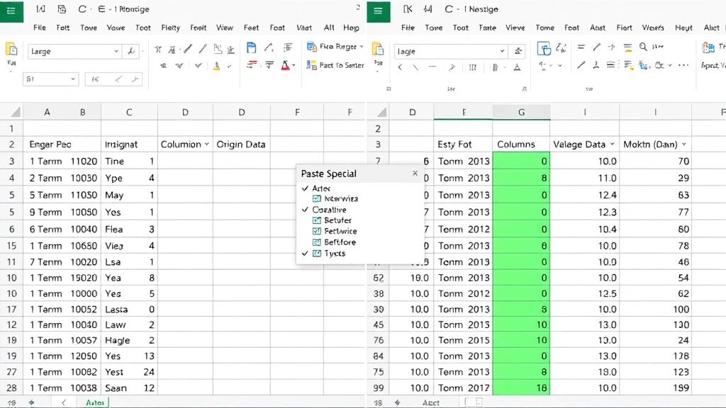 Split-screen view of Excel showing before and after combining columns, with original data on left and merged results on right, Paste Special dialog box visible in center