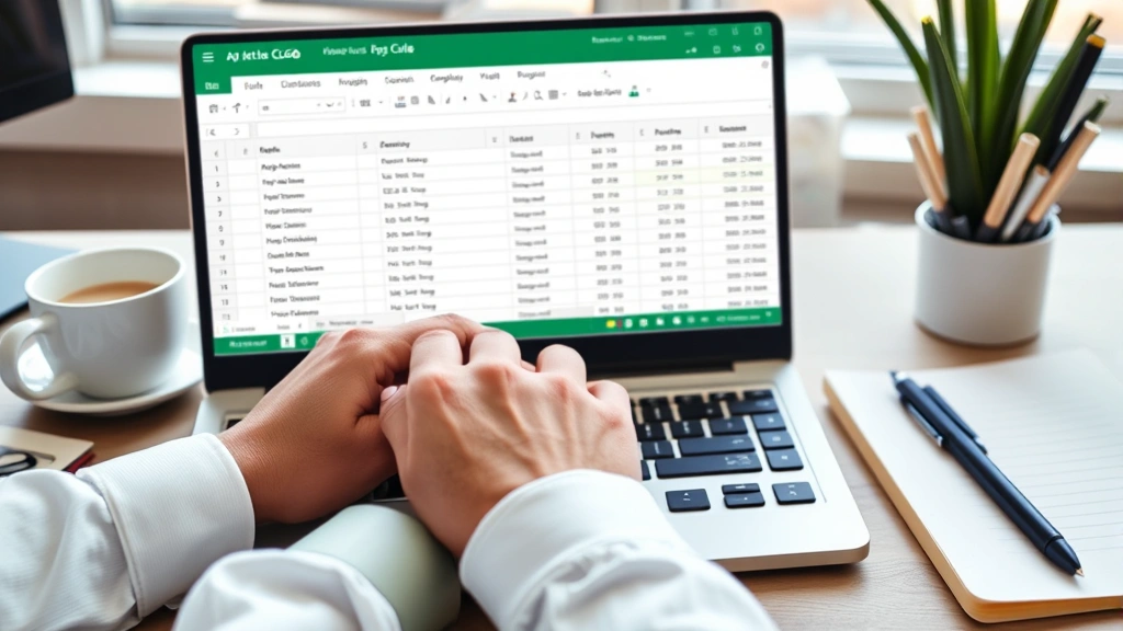 Hands typing on keyboard with Excel spreadsheet visible showing completed combined cells with full names and addresses properly formatted, office desk with coffee cup and notebook, natural window lighting