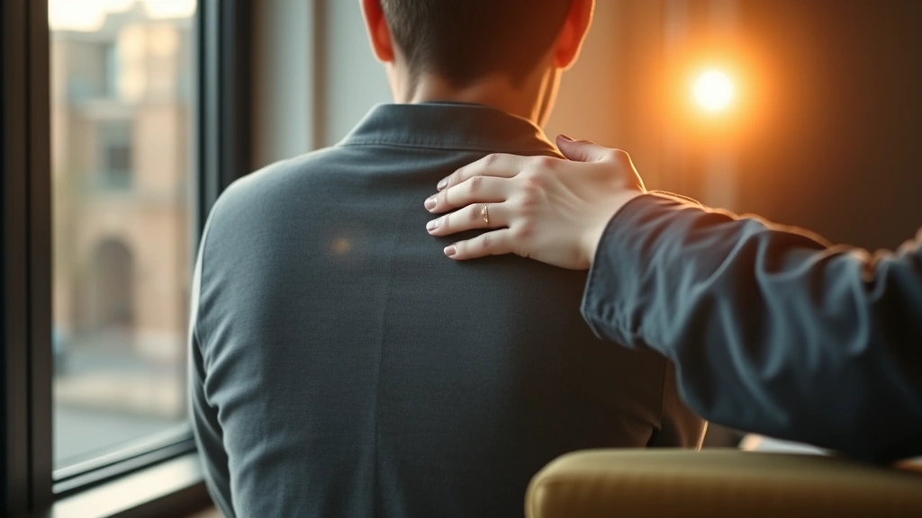 Person gently placing a hand on another person's shoulder from behind while they sit together looking out a window, warm natural light streaming through, showing comfort and support without intrusion