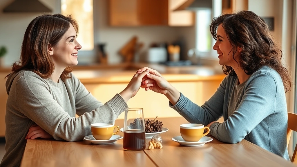 Two people sitting together at a kitchen table with warm beverages, one person holding the other's hand across the table, soft natural lighting, peaceful and supportive atmosphere