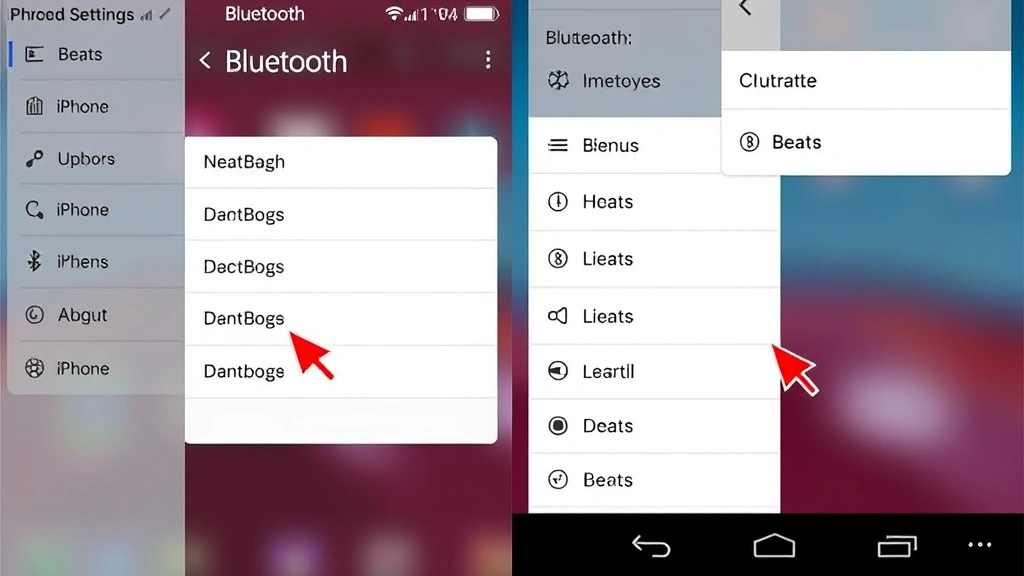 Split-screen image showing Bluetooth settings panels from iPhone and Android device side-by-side, with cursor pointing to Beats device name in each list