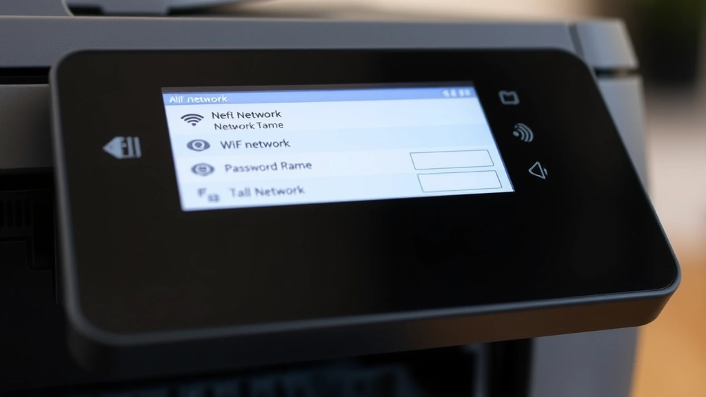 Close-up of a modern all-in-one printer's control panel touchscreen showing WiFi network selection menu with visible network names and password entry field