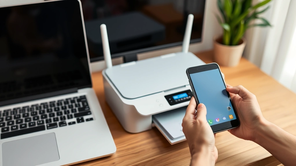 Hands holding a laptop and smartphone next to a wireless printer on a home office desk, demonstrating multi-device printing capability
