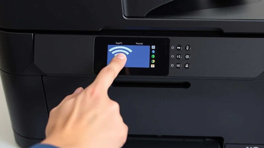 Person pointing at a WiFi symbol icon on a printer's physical body, showing where to locate wireless capability indicators on different printer models