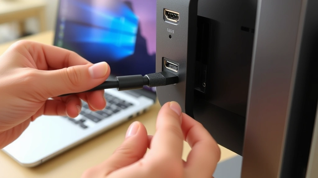 Hands connecting HDMI cable firmly into monitor port with laptop visible in background, showing proper cable insertion technique and connection process detail