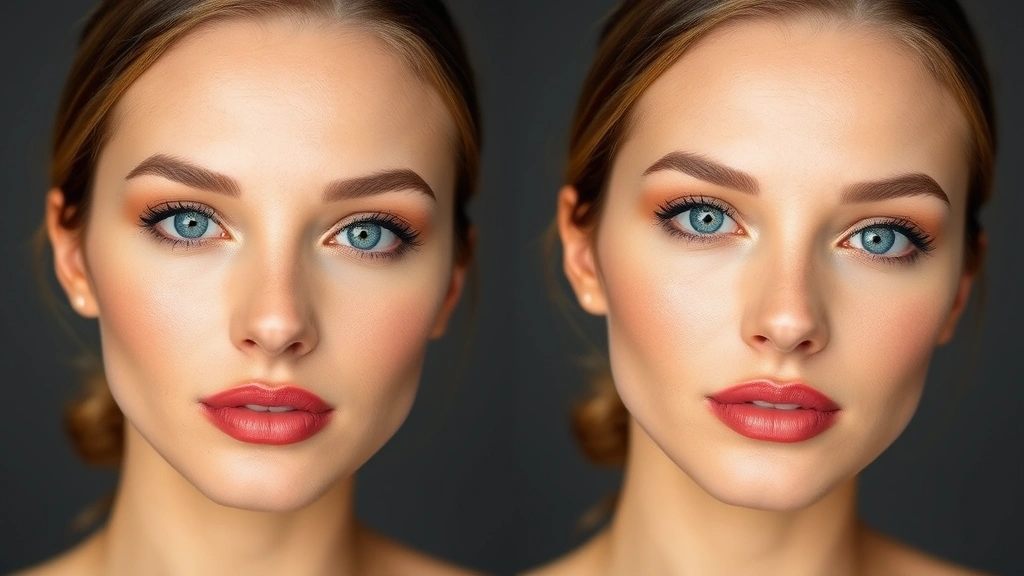 Before and after split-screen showing woman's face with and without contouring, highlighting cheekbone definition and jawline sculpting, professional studio lighting