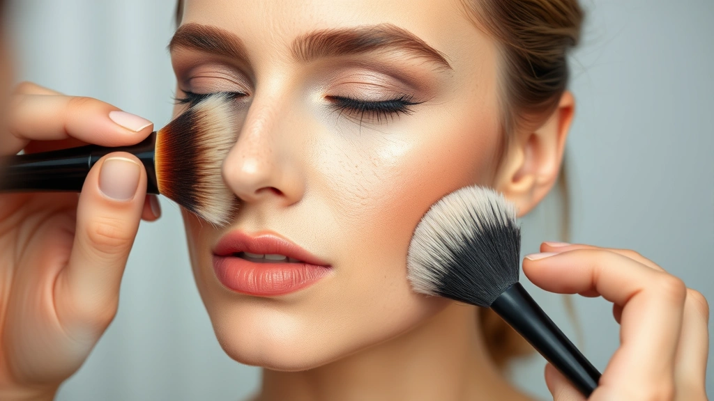Makeup artist demonstrating blending technique with fluffy brush on model's face, seamlessly blending contour into foundation, detailed close-up of blending motion