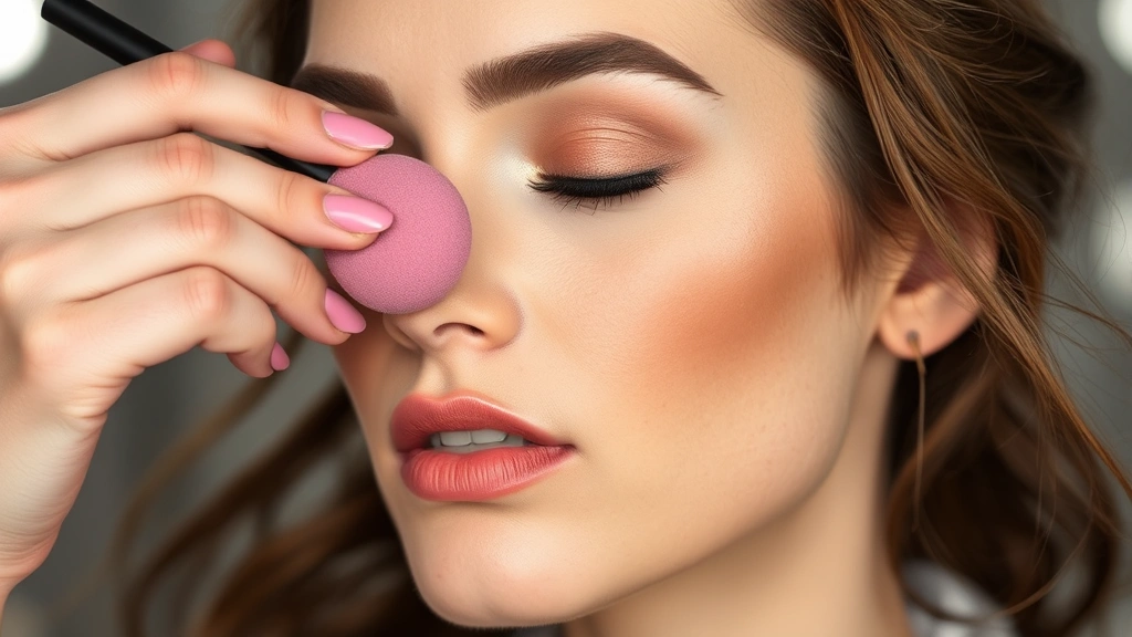 Makeup artist using a damp beauty sponge to blend full-coverage foundation over color-corrected hickey area, showing seamless transition to surrounding skin, professional lighting setup