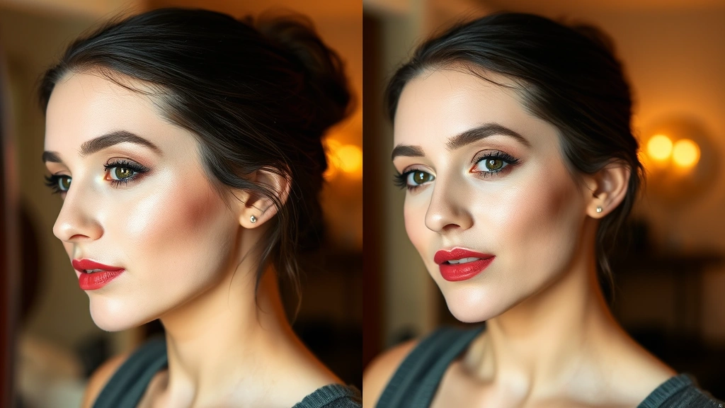 Final result showing completely hidden hickey on neck with natural-looking makeup finish, person looking at mirror with confident expression, warm indoor lighting