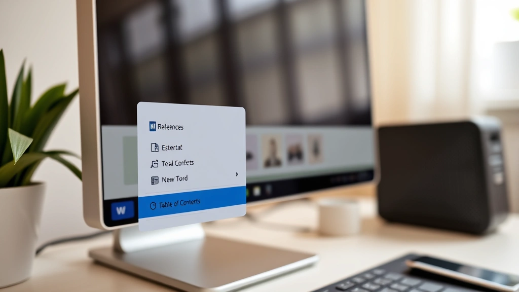 Close-up of Microsoft Word ribbon menu showing References tab and Table of Contents button highlighted, clean desk workspace with computer monitor