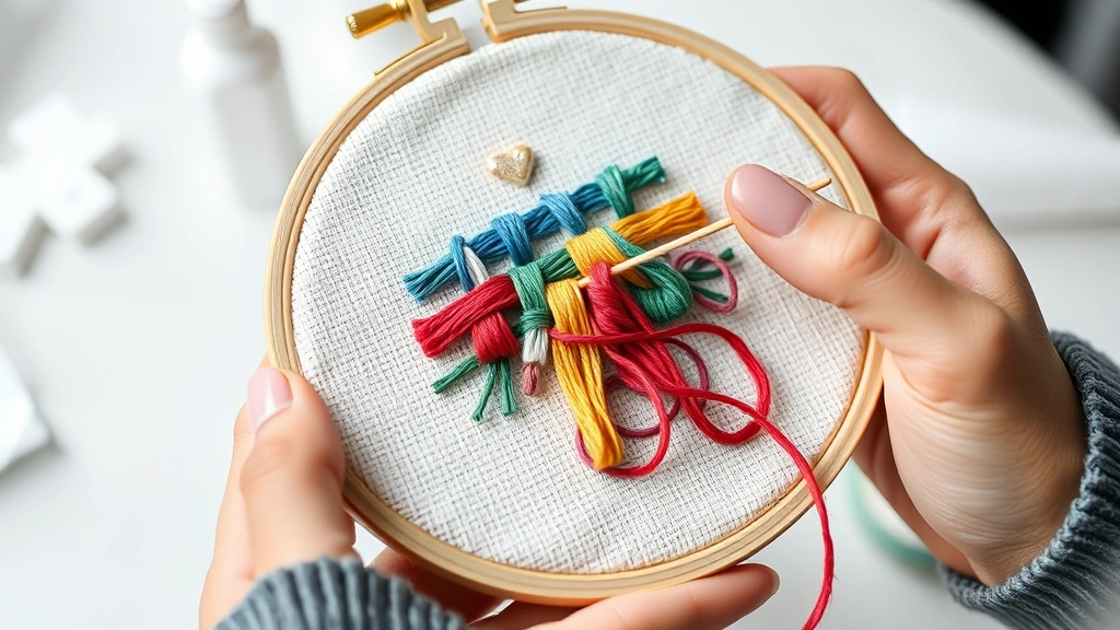 Close-up of hands holding embroidery hoop with partially completed cross stitch on Aida cloth, showing colorful floss threads and needle in action
