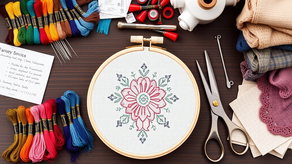 Organized workspace with embroidery supplies including floss bobbins in multiple colors, needles, scissors, fabric swatches, and cross stitch pattern chart