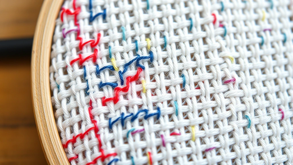 Detailed view of completed cross stitch stitches on fabric showing perfect tension and even diagonal stitching in multiple thread colors with clear grid pattern visible