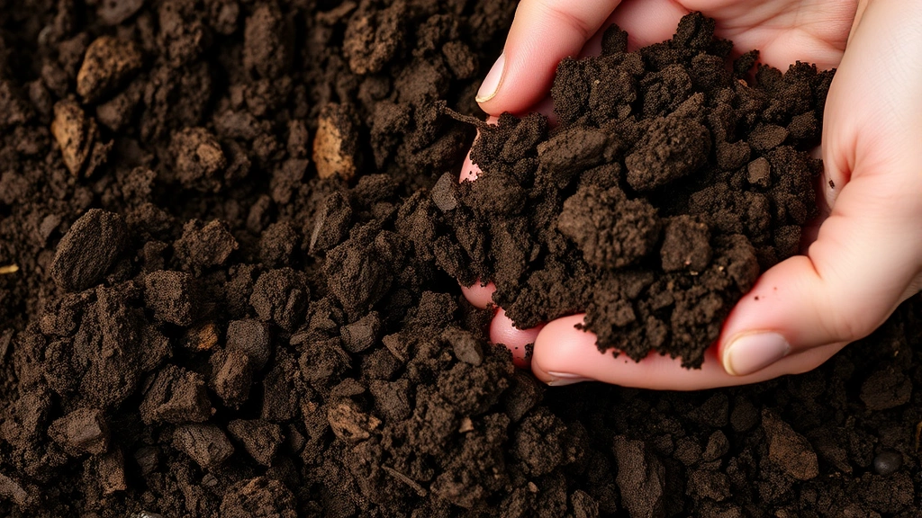 Close-up of loose, dark brown garden soil with compost mixed in, crumbly texture visible, no rocks or debris, hands showing soil consistency for carrot growing