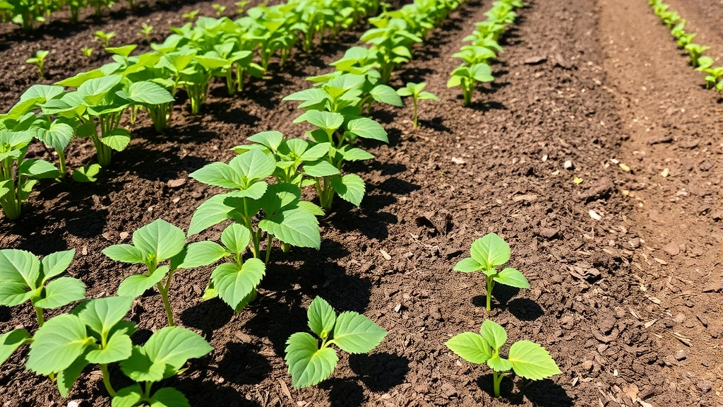 Garden bed with young peanut plants in rows showing green foliage, mulched soil, full sunlight, healthy plant growth