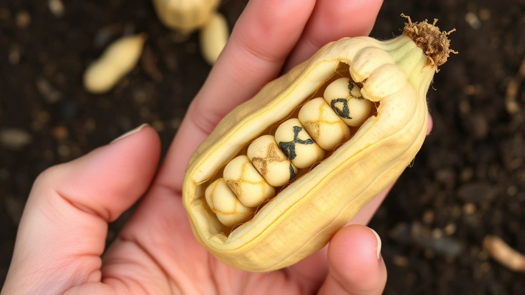 Close-up of mature peanut pod being examined, showing netted shell pattern, hand holding pod, soil background, harvest time