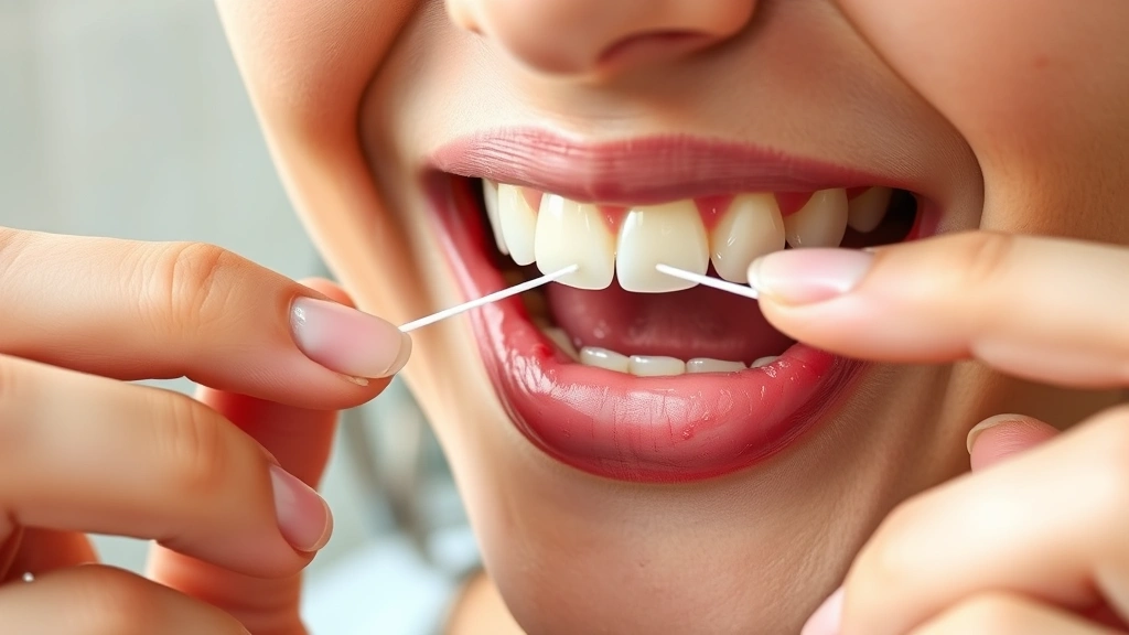 Close-up of person using dental floss between teeth with gentle technique, hands visible, natural bathroom lighting, showing proper C-shaped flossing motion around tooth