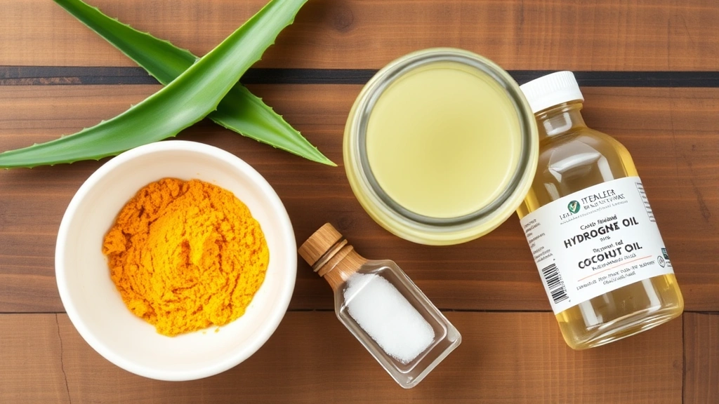 Overhead view of natural gum disease remedies on wooden surface: turmeric powder in small bowl, fresh aloe vera leaf, salt shaker, coconut oil jar, hydrogen peroxide bottle, arranged artfully