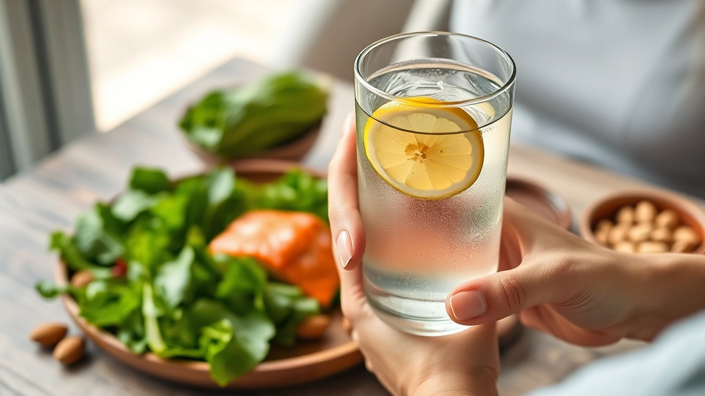 Person holding glass of water with fresh lemon slice, sitting at table with healthy foods including leafy greens, salmon fillet, and almonds visible in background, natural daylight