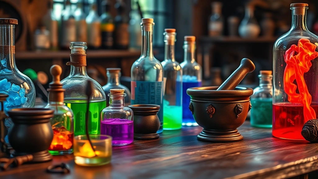 Close-up of alchemy lab workbench with glass bottles, mortar and pestle, glowing potion ingredients in various colors, medieval fantasy apothecary setting, detailed crafting supplies