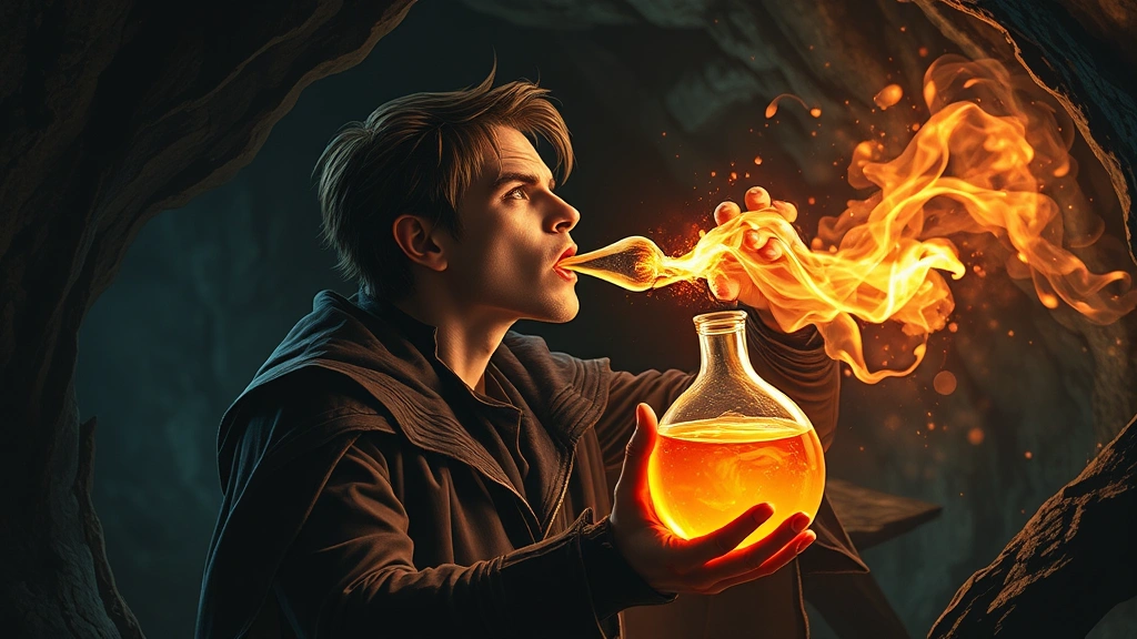 Character drinking from a glowing potion vial in a dark cave, magical effects surrounding the figure, vampiric transformation reversing with light energy, dramatic fantasy scene