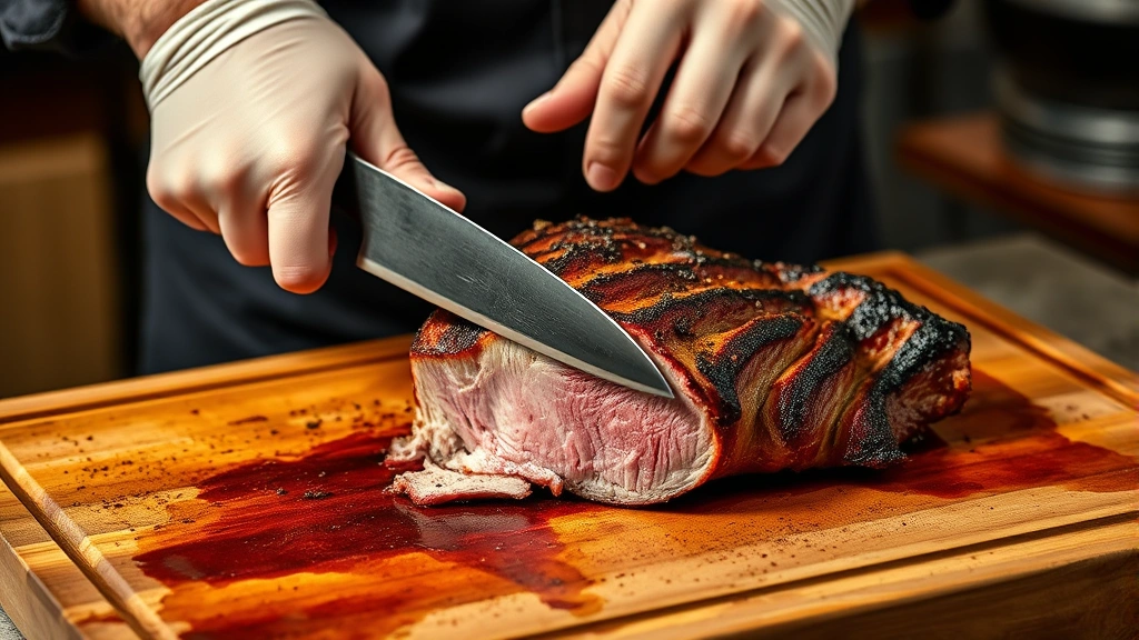 Professional butcher's hands using sharp long slicing knife to cut smoked brisket against the grain on wooden cutting board, showing pink smoke ring in cross-section