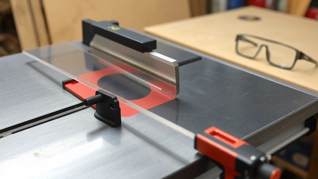 Table saw with fine-toothed carbide blade cutting through thick acrylic sheet, clamps securing material, safety glasses on nearby workbench