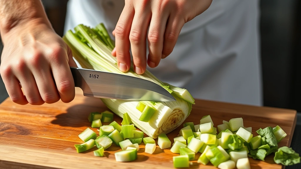 Hands demonstrating cutting technique: chef's knife slicing through bok choy stalk into uniform pieces, showing proper knife grip and cutting motion on wooden board, natural daylight