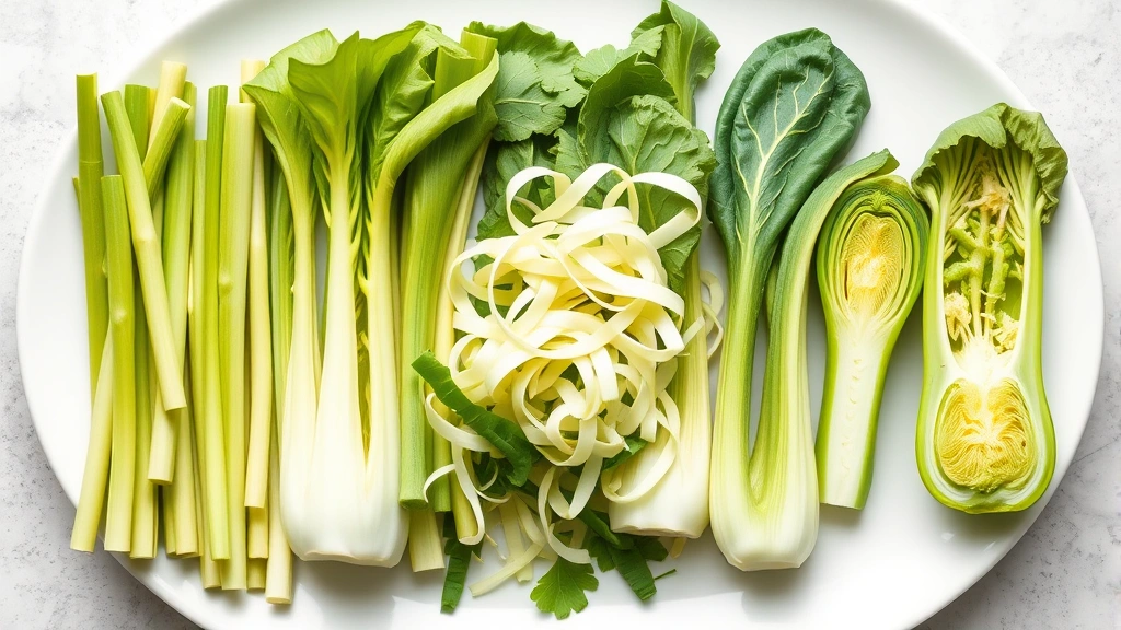 Arranged bok choy pieces organized by size and type: thin stalk batons, leaf chiffonade ribbons, and whole baby bok choy halves displayed on white plate, professional food photography