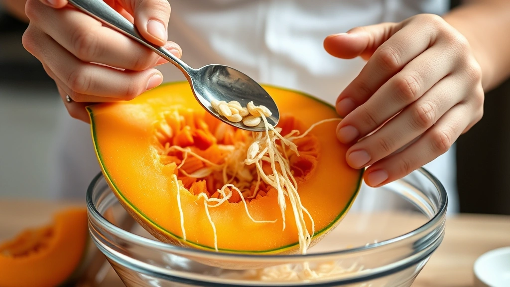 Hands removing seeds and stringy fiber from a cantaloupe half using a sturdy metal spoon, seeds and fibers falling into a clear glass bowl, ripe orange-fleshed cantaloupe visible, bright kitchen lighting
