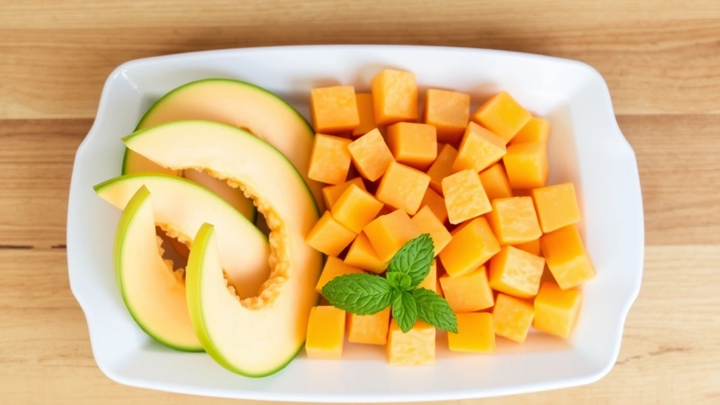 Beautifully arranged cantaloupe slices and cubes on a white ceramic platter, showing both crescent-shaped slices with skin attached and uniform golden cubes, fresh mint leaves as garnish, professional food styling