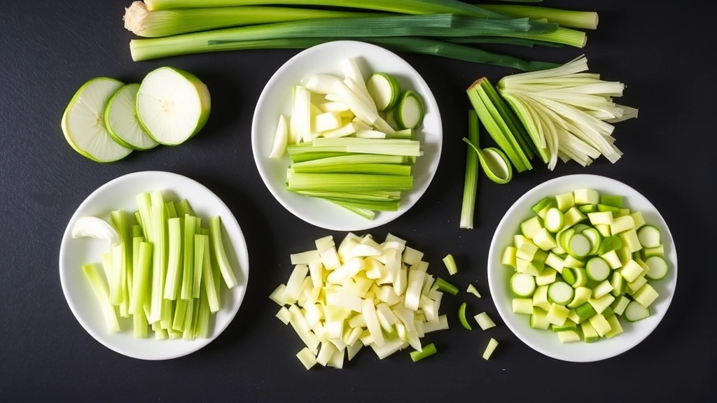 Flat lay arrangement showing different leek cuts: half-moon pieces, julienne strips, diagonal bias cuts, and brunoise dice, all on white ceramic plates with fresh leeks in background