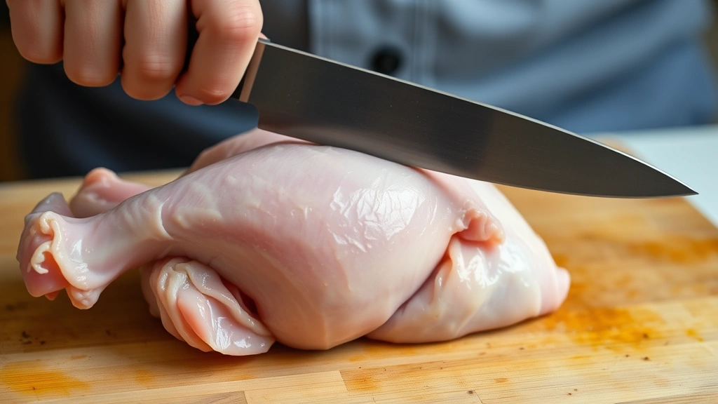 Close-up of sharp boning knife positioned against raw chicken thigh joint, showing proper hand grip and knife angle on cutting board