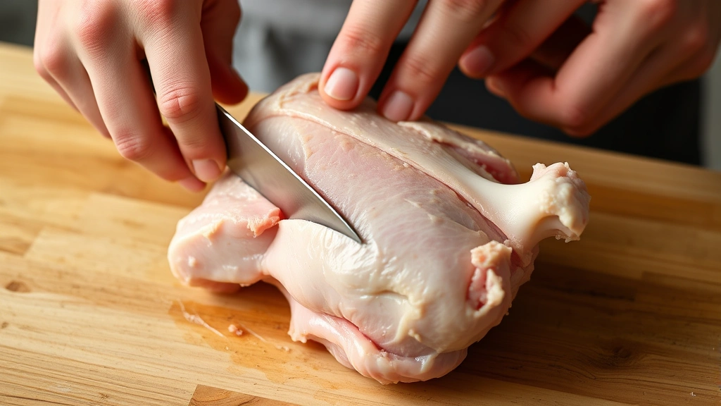 Hands separating deboned chicken thigh meat from bone with knife, demonstrating the separation technique with exposed thighbone visible
