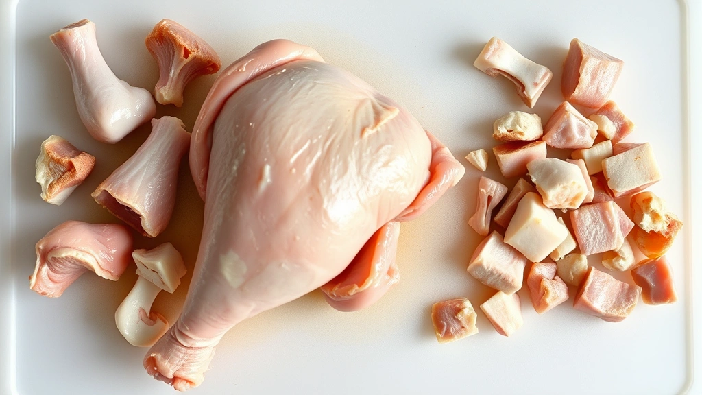 Finished deboned chicken thigh displayed on cutting board next to separated bones and trimmings, showing clean meat with no bone fragments
