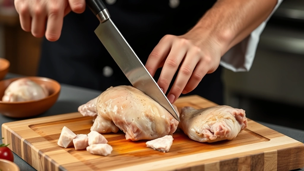 Professional chef executing deepthroat cut through chicken thigh on wooden cutting board, knife at precise angle with proper posture and body positioning clearly visible