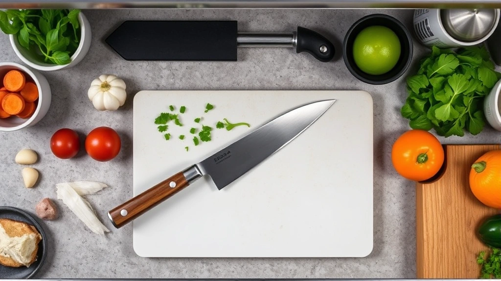 Overhead view of organized kitchen workspace with sharp 8-inch chef's knife, honing steel, cutting board, and various ingredients ready for practice, showing proper setup and lighting