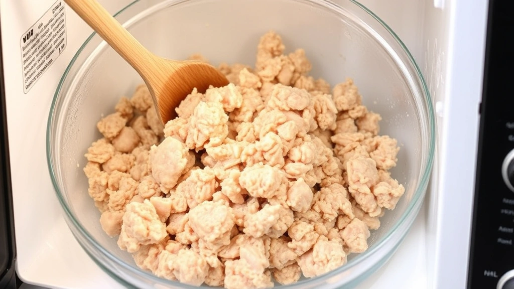 Ground chicken in a microwave-safe glass bowl being broken apart with a wooden spoon during the defrosting process, showing even distribution and thawing progress
