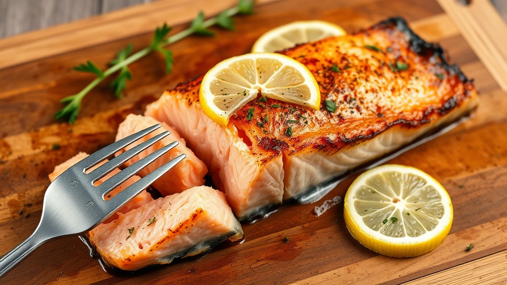 Perfectly cooked salmon fillet with crispy skin on a wooden cutting board, flaking apart with a fork, garnished with fresh lemon and herbs, showing ideal doneness