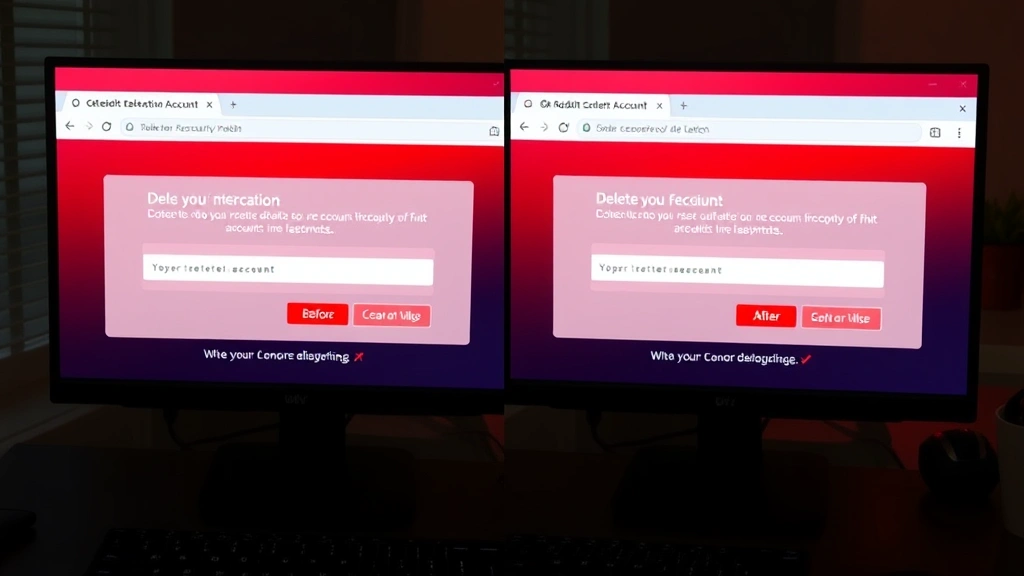 Split-screen showing before and after Reddit account deletion confirmation dialog boxes, security password entry field visible on desktop monitor