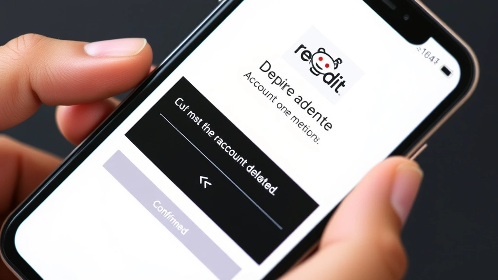 Detailed view of Reddit mobile app on smartphone screen displaying account deletion warning message with confirmation button highlighted, person holding phone