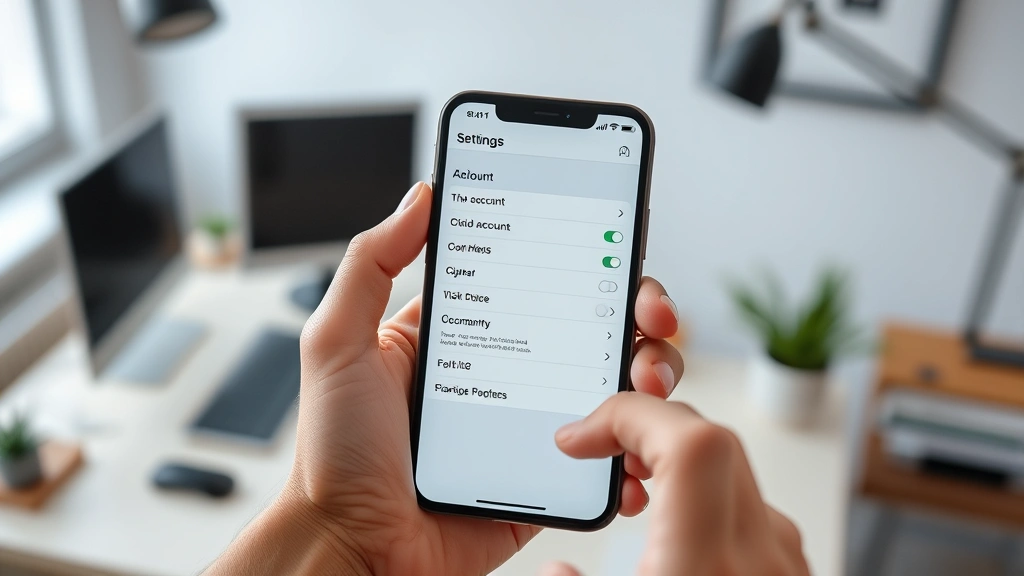Close-up of hands holding an iPhone showing the Settings app with iCloud account options visible on the screen, modern minimalist home office background