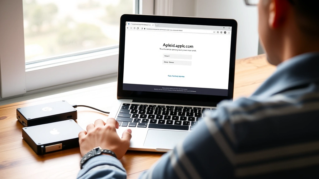 Person at desk with MacBook open displaying appleid.apple.com login page, external hard drive and USB drive visible nearby for data backup, natural window lighting