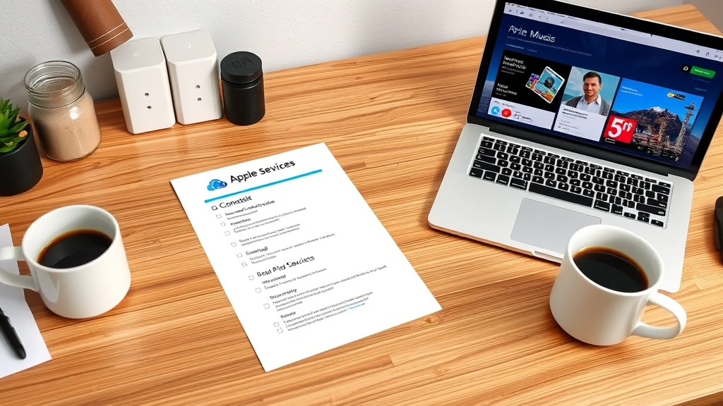 Organized desk setup showing printed checklist of Apple services (iCloud, App Store, Apple Music), laptop showing calendar and contacts export, coffee cup and pen, professional home office