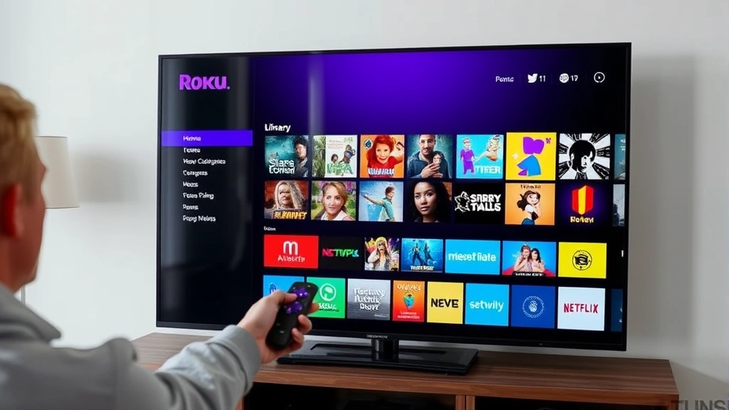 Roku TV home screen displayed on a large flat-screen television showing a cluttered app library with many app tiles visible, person using remote to navigate, demonstrating before organization